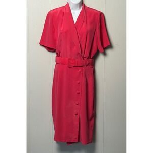 En Avance Vintage 100% Silk Fuchsia Pink Belted Midi Dress Shawl Collar Size 6